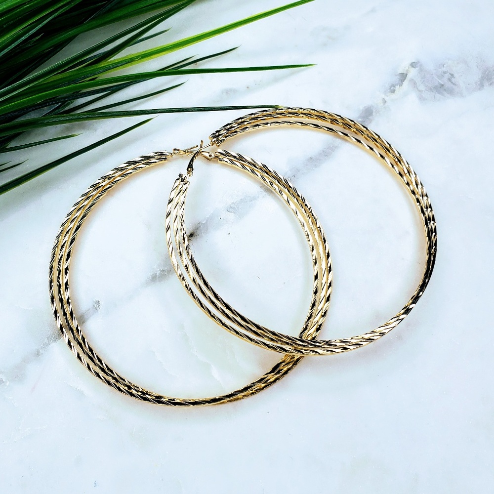 5 for $25 Gold Color Extra Large Triple Hoops - Picture 4 of 5